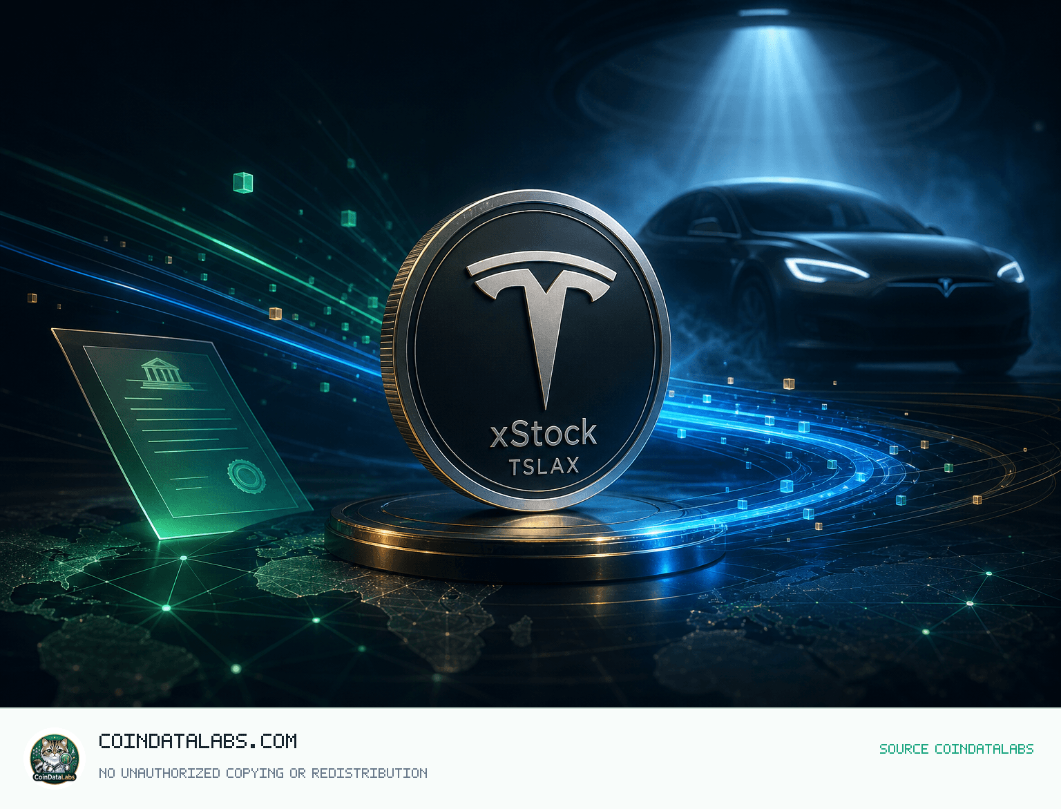 Tesla tokenized stock (xStock) (TSLAX) 테슬라 토큰화 주식(xStock) TSLAX, 24시간 약세 속 거래량 확대 news cover illustration